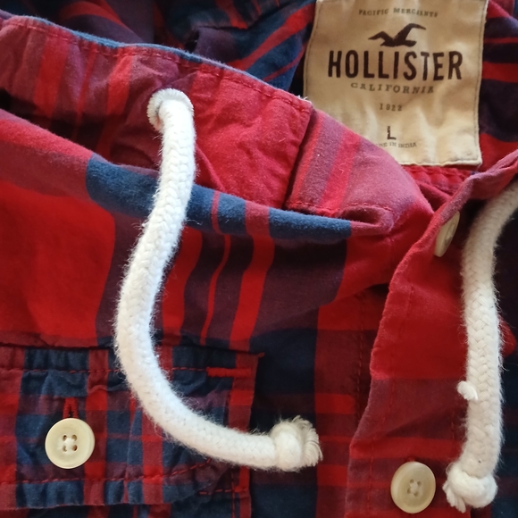 Hollister Red and Blue Button Down Shirt with Hood - Picture 3 of 5